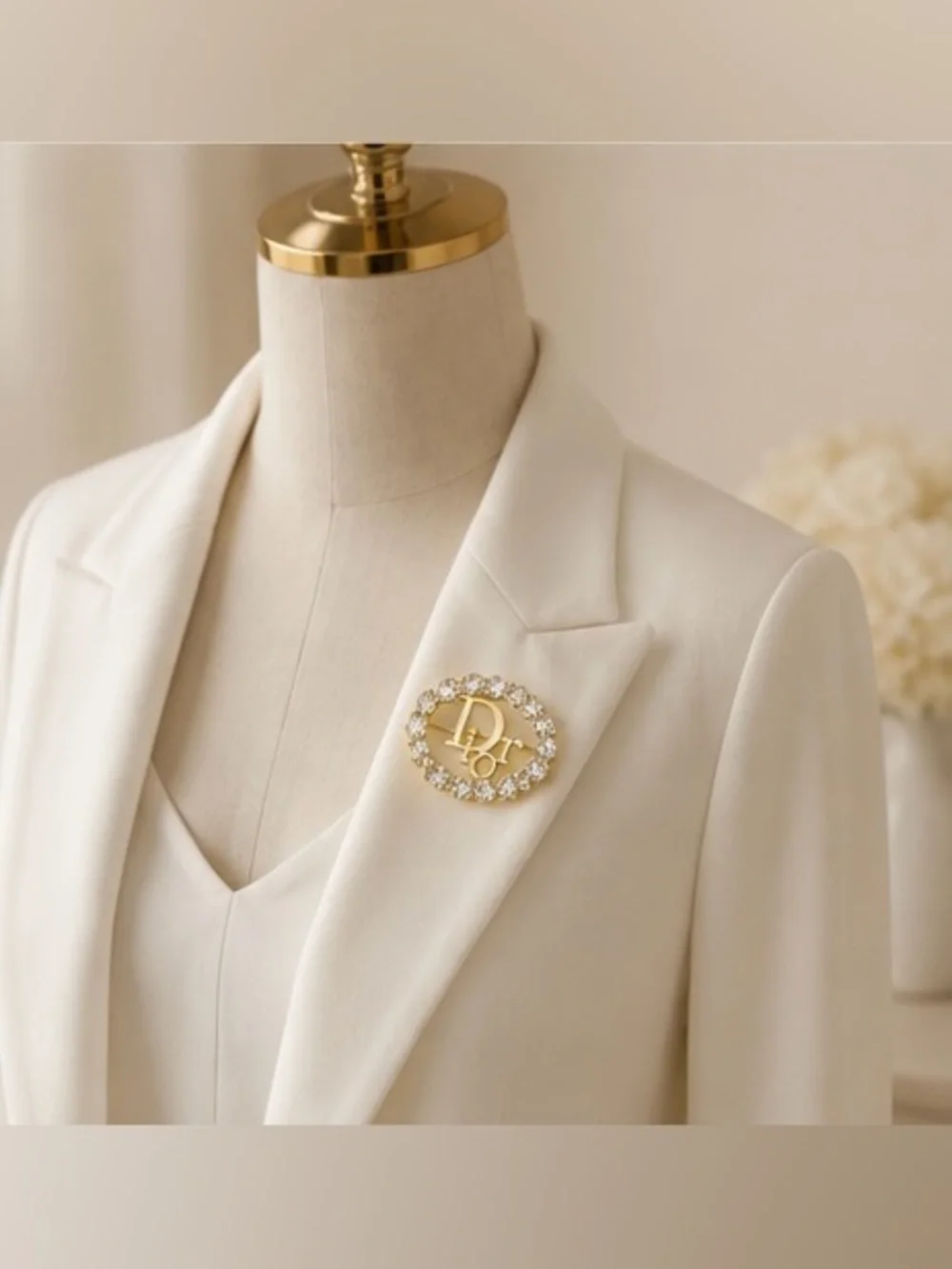 Gold Tone Rhinestone Logo Style Statement Brooch Pin